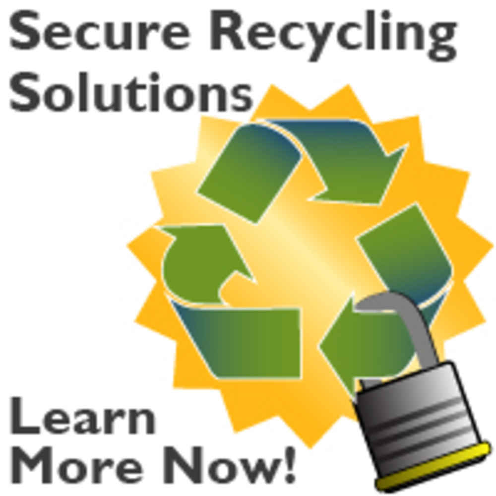 A recycling symbol with the text Secure recycling solutions, learn more now!
